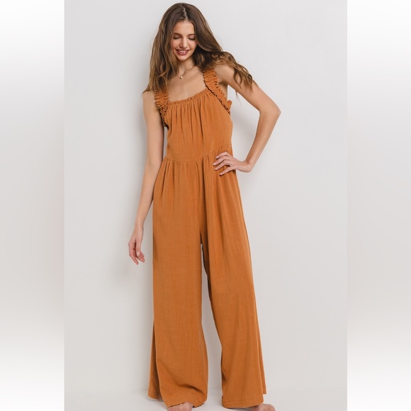 17 Solid Ruffle Strap Wide Leg Jumpsuit - Picture 3 of 7